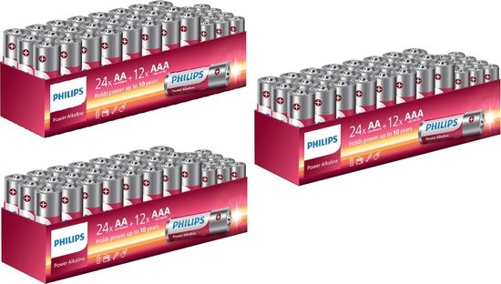Lot de 108 piles alcalines Philips Power (72 piles AA et 36 piles AAA)