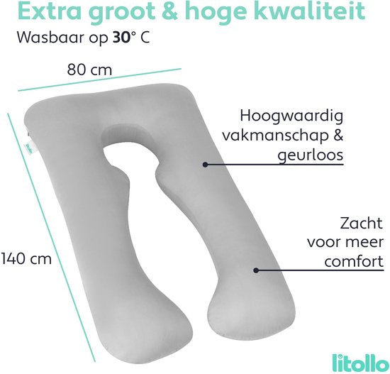 Oreiller de grossesse Litollo® XXL - Oreiller d'allaitement - Oreiller de corps - Body pillow - 280 cm - Housse amovible - Gris