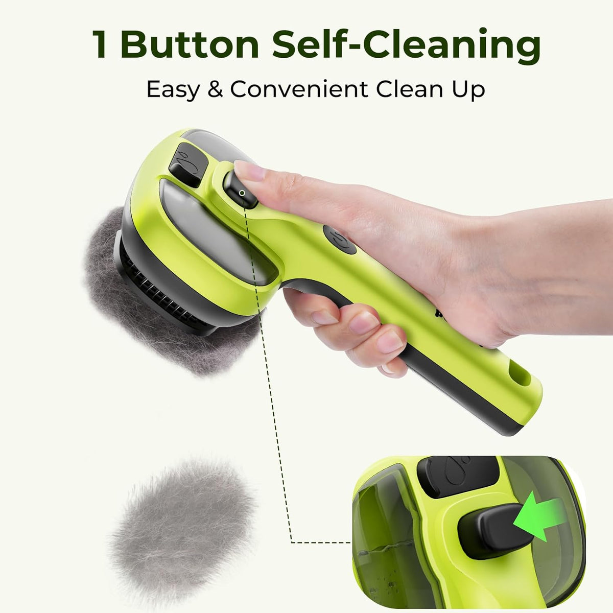 Brosse à vapeur Pecute pour animaux de compagnie, réservoir d'eau de 55 ml, autonettoyante en un clic, brosse de toilettage en acier inoxydable rechargeable par USB pour chats et chiens, verte
