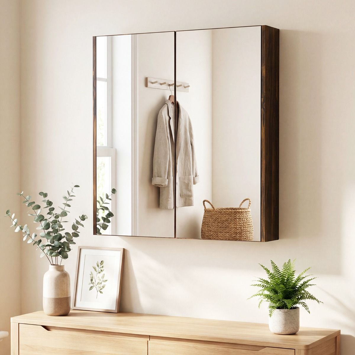 Armoire de salle de bains Coast avec portes miroir - grand espace de rangement - fixation murale - blanc/noir/marron rustique - 62 x 11 x 65 cm