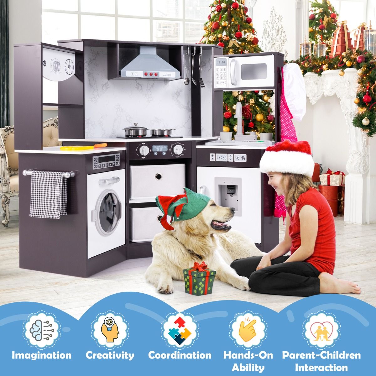 Cuisine jouet en bois Coast pour enfants - avec lumières et sons - distributeur d'eau et lave-linge - noir