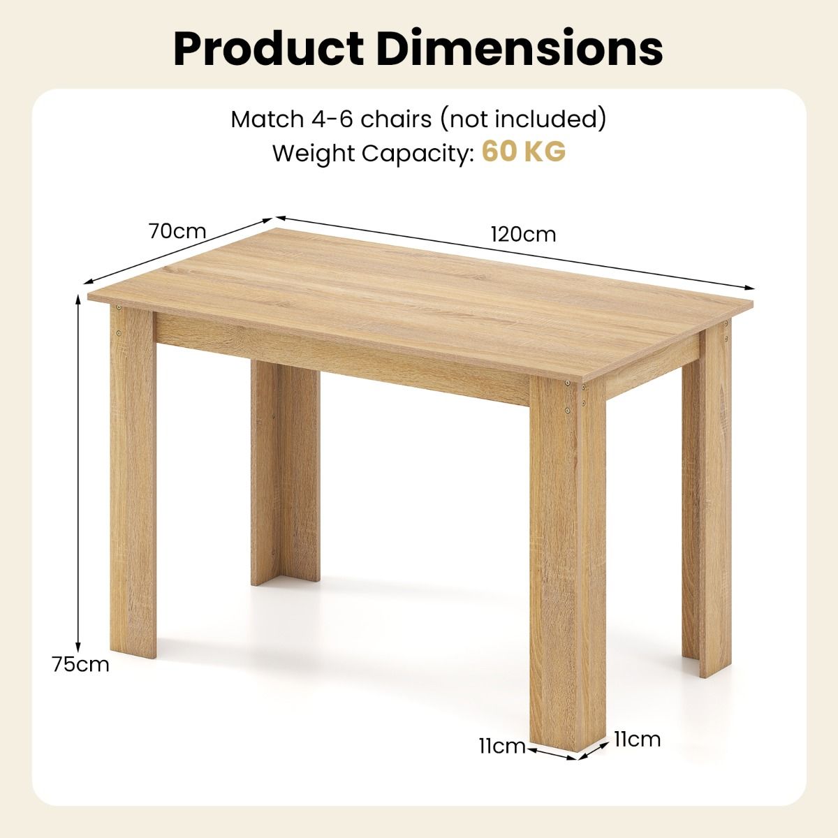 Table à manger Coast - rectangulaire - 4 à 6 personnes - bois - couleur naturelle - 120 x 70 x 75 cm