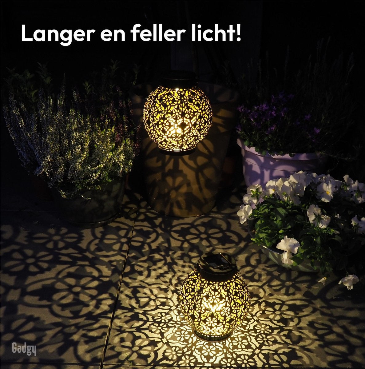 Gadgy Solar Lantaarn Rond - Tafellamp Set van 2 - Solar Tuinverlichting op Zonneenergie - Led Buitenverlichting met dag/nacht Sensor - Hanglamp - Tuinlantaarn Metaal - 15.5xØ13.5CM - Zwart