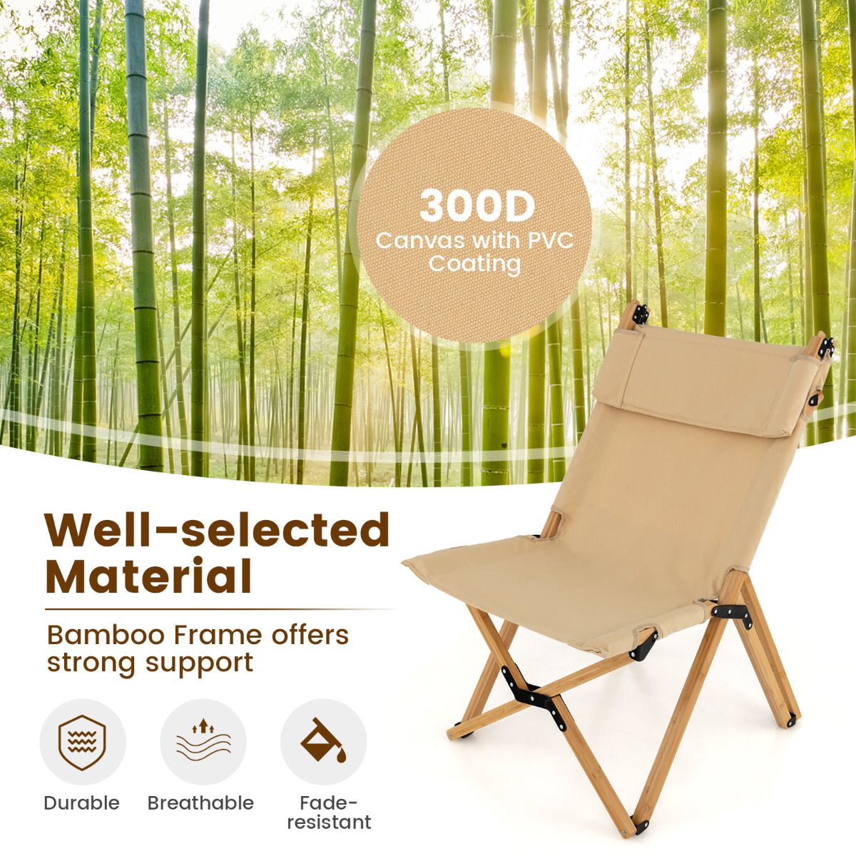 Chaise de camping pliable Coast - Structure en bambou - Dossier réglable - Sac de transport inclus - Couleur naturelle