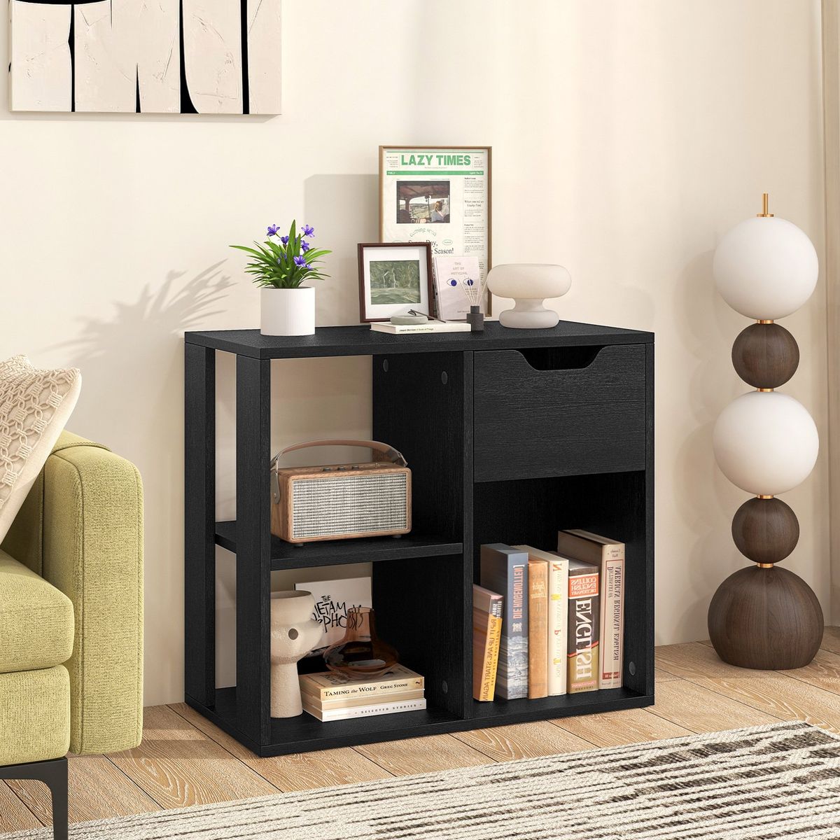 Étagère à livres Coast en bois avec tiroir - 3 compartiments ouverts - noir - 60 x 30 x 53 cm