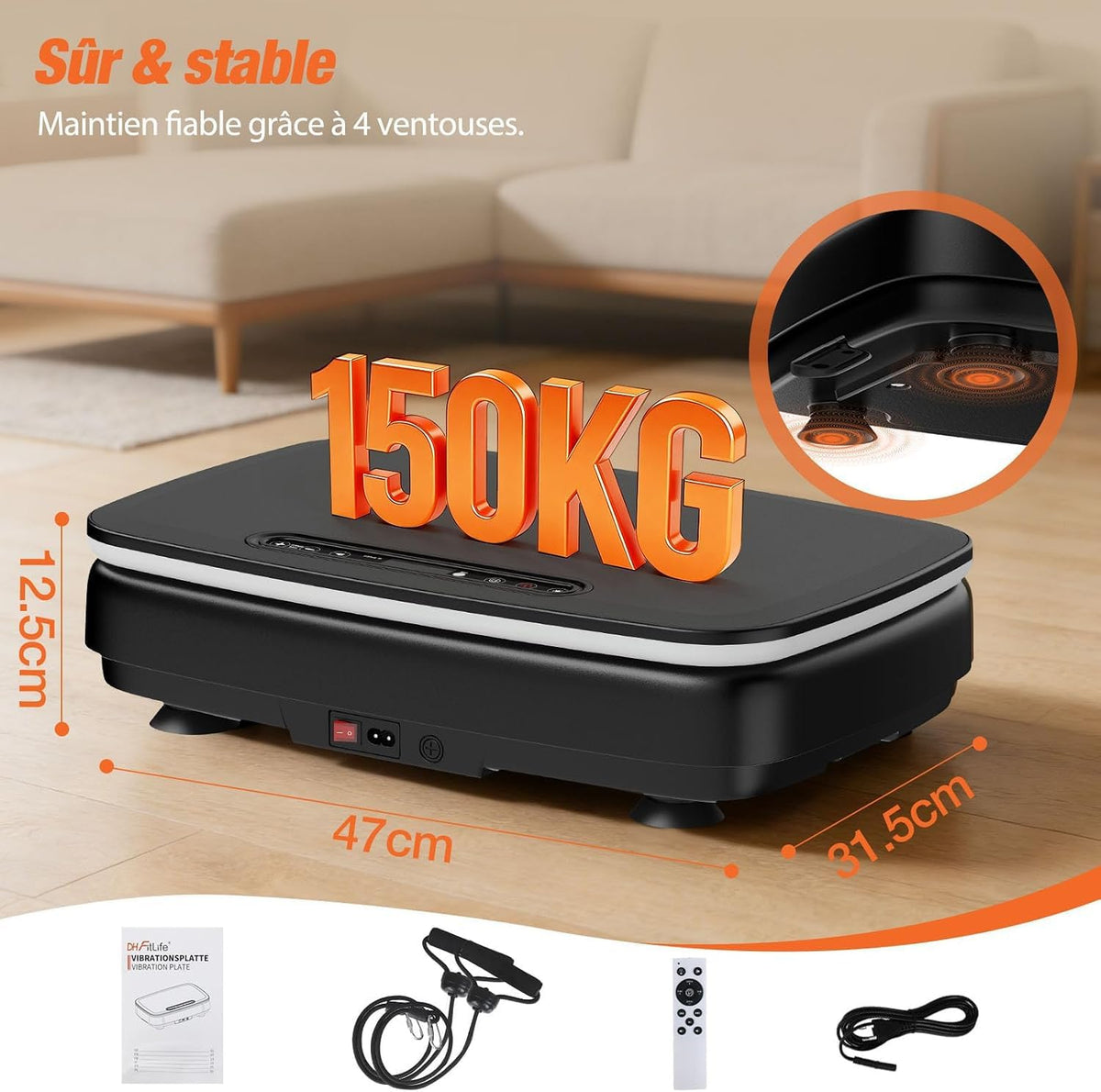 Plateforme vibrante DH FitLife – 99 niveaux de vitesse, Bluetooth, éclairage LED et bandes de résistance – Noir