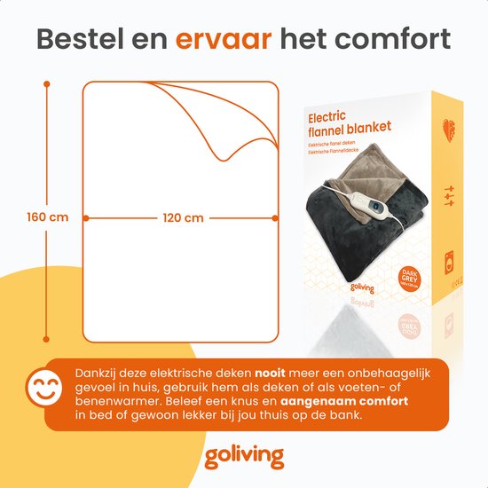 Goliving Plaid polaire électrique - Couverture chauffante - Couverture polaire chauffante - Couverture électrique - 3 niveaux de chaleur - Lavable en machine - 120 Watts - Cordon de 2,5 mètres - Flanelle Sherpa - 160 x 120 cm - Gris foncé