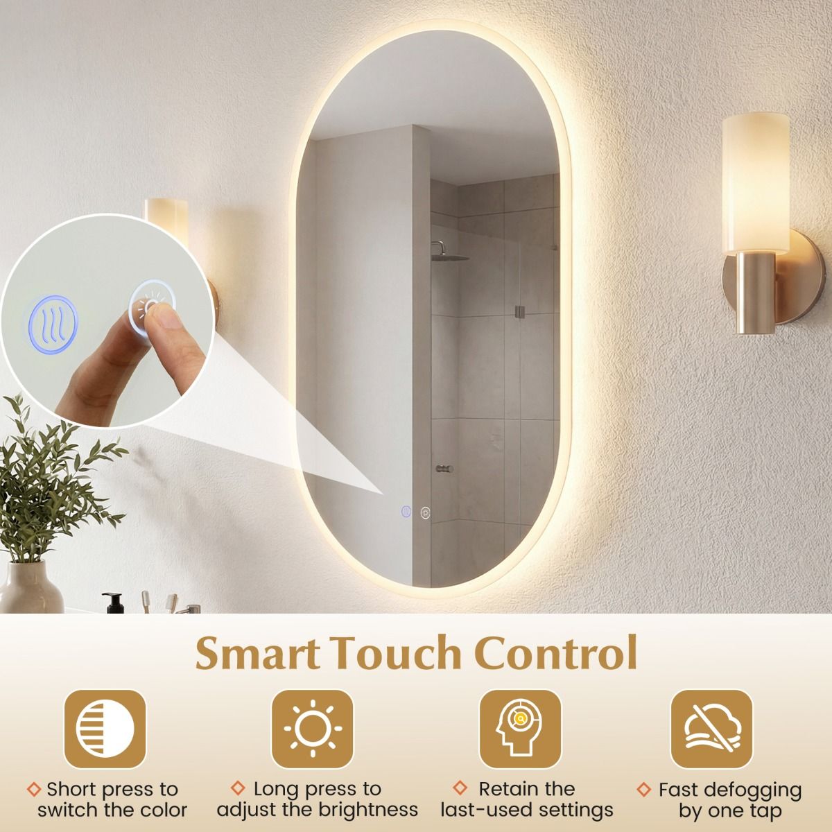 Miroir de salle de bains Coast avec éclairage LED - fonction anti-buée - commande tactile - 90 x 55 cm - argent