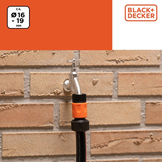 BLACK+DECKER Raccord rapide pour tuyau d'arrosage - 5/8'-3/4' - ⌀16-19 mm - Plastique - Noir/Orange
