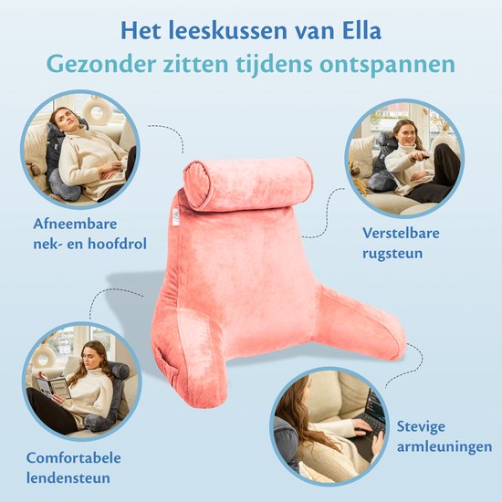 Coussin de lecture Ella XL - Coussin de relaxation en mousse à mémoire de forme pour le lit - Coussin d'assise avec soutien de la nuque et du bas du dos - Bookseat - Velours rose corail