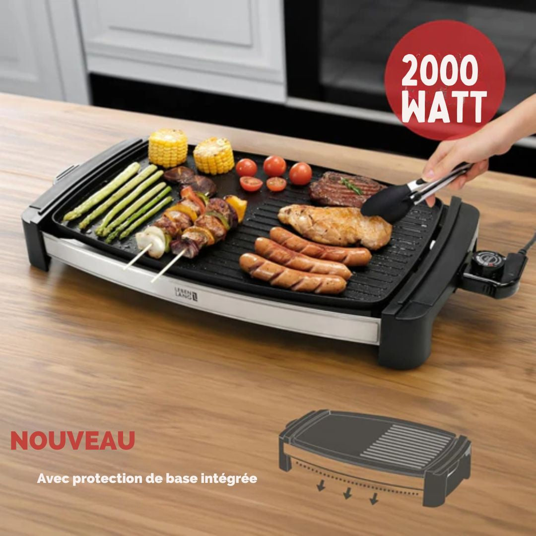 Plaque de gril électrique LEBENLANG - 2000 Watt - 4 à 8 personnes - Idéal pour l'intérieur et l'extérieur - 32.1 x 54.5 x 6.5 cm - noir