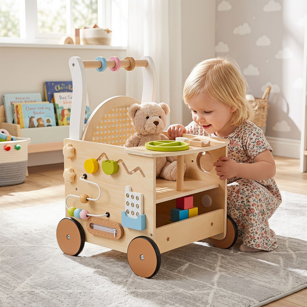 Voiturette en bois Coast - jouet favorisant la motricité - avec set de glaces et siège pour poupée - bois naturel