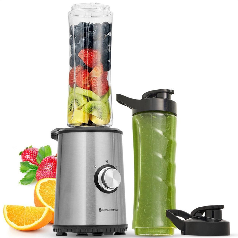 Mini Blender - KitchenBrothers - 2 gobelets à emporter - 350W - acier inoxydable