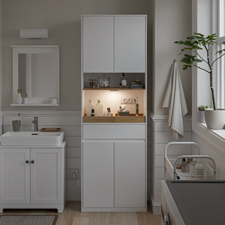 Armoire de salle de bains SoBuy avec éclairage LED, prise électrique et panier à linge – 60 x 30 x 180 cm – capacité de charge de 85 kg