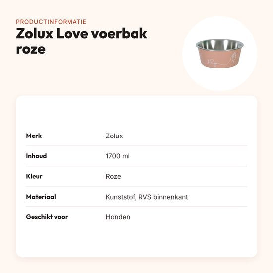 Gamelle pour chien Zolux Love - Intérieur en acier inoxydable - Rose - 1 700 ml