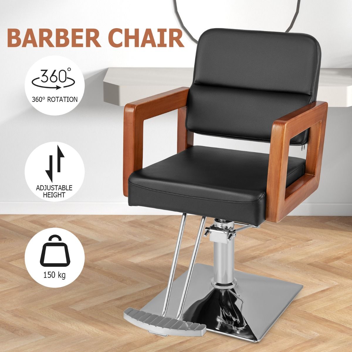Fauteuil de coiffure hydraulique Coast - pivotant à 360° - réglable en hauteur - accoudoirs en bois massif - noir