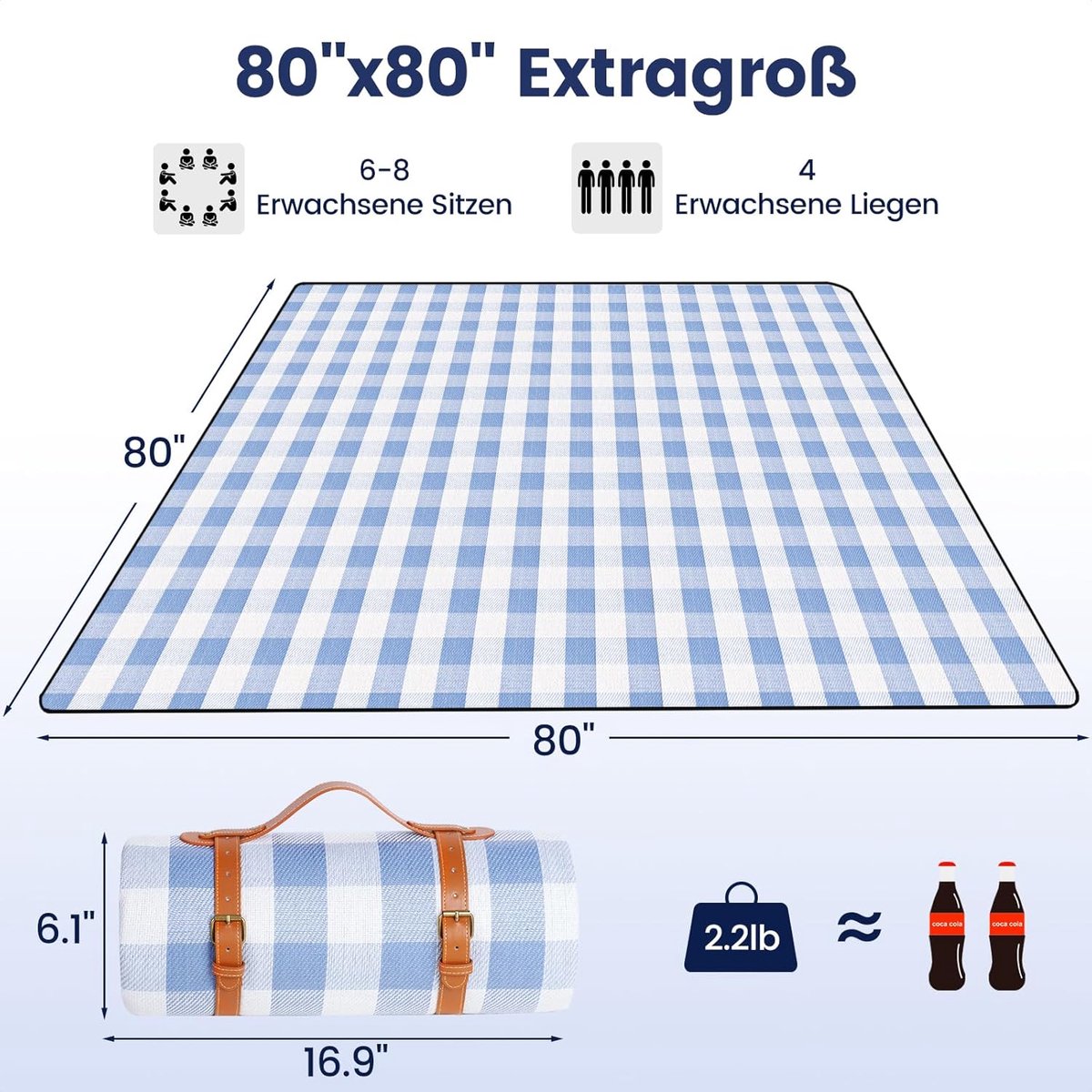 Nappe de pique-nique XXL avec fond imperméable - 200 x 200 cm - Poignée en cuir - Bleu ciel/blanc