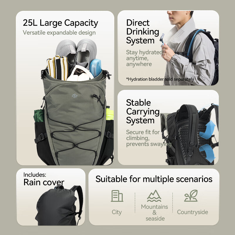 J.ZAO ochama × J.ZAO, sac à dos de randonnée de la gamme sportive pour une utilisation en extérieur, 25 l, soutien dorsal respirant, vert nuageux