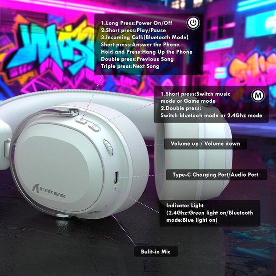 Casque de jeu sans fil ATTACK SHARK L30PRO - Son surround 7.1 - Haut-parleurs de 50 mm - Faible latence de 20 ms - Microphone amovible avec réduction du bruit - Armature en alliage d'aluminium - Connectivité tri-mode - Casque circum-auriculaire - Blanc