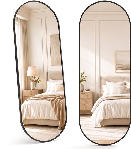 Miroir mural Infinity Goods ovale - 160 x 50 cm - Miroir design - Miroir à fixation murale - Bordure métallique - Style moderne - Miroir de dressing - Noir