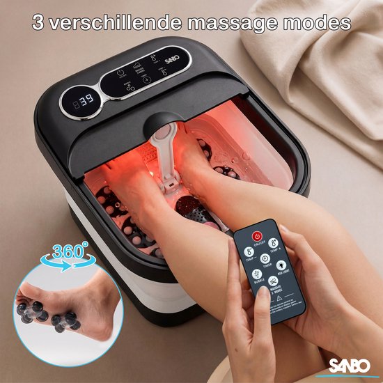 Bain de pieds Sanbo - Rouleaux de massage électriques - Température réglable de 35 à 48 degrés - Appareil de massage des pieds - Bain de pieds avec massage - Noir