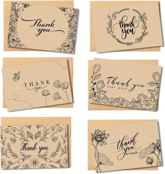Partizzle 36x Kraft Thank You Cards Set - Cartes de remerciement - Cartes de vœux - Cartes postales - Cartes avec enveloppes - 15x10 cm