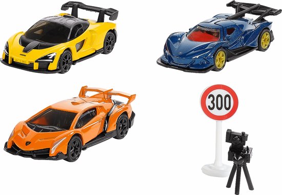 SIKU 6328, Coffret cadeau Supercars, Lamborghini Veneno, Apollo I.E., McLaren Senna, pièces articulées, avec panneau de signalisation et radar