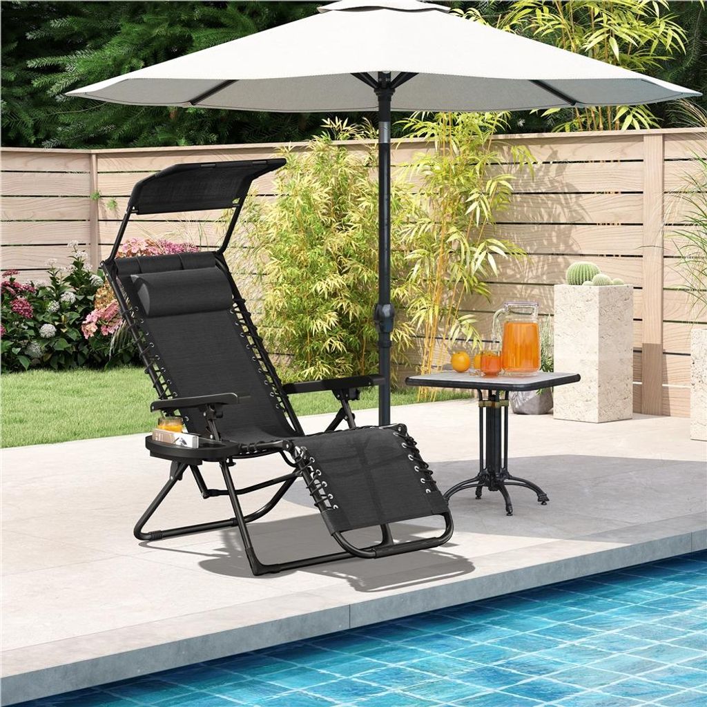 Chaise longue Yaheetech Zero Gravity - Pliable, avec pare-soleil et porte-gobelet - Noir - 166 x 64 x 70 cm