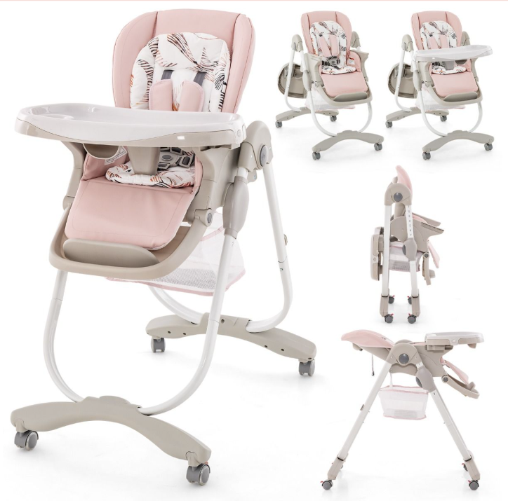 Chaise haute multifonctionnelle pliable Coast - Rose - 102 x 59 x 92-110 cm - Réglable en hauteur, avec roulettes