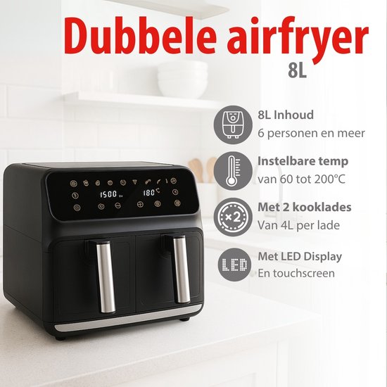 Alpina Double Airfryer XXL - Friteuse à air chaud 2x4 L - Air Fryer avec écran tactile numérique - Four à air chaud pour 6 personnes et plus - 8 programmes de cuisson - Mode Sync - Fonction minuterie