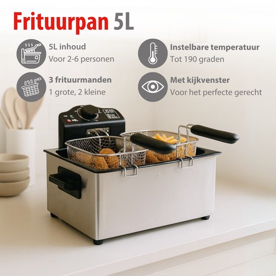 Friteuse Alpina 5 litres - Friteuse double avec 3 paniers - Friteuse à température réglable jusqu'à 190 °C - Friteuse 2 000 W - avec hublot - en acier inoxydable