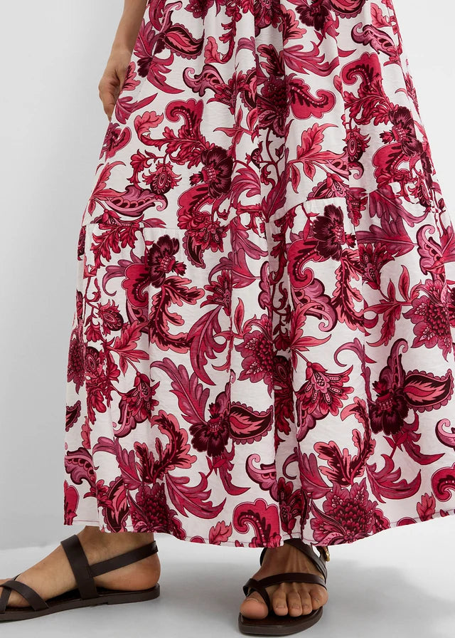 Jupe longue Bonprix en mélange de viscose souple - Coupe classique - Motifs floraux rouge érable/blanc laine