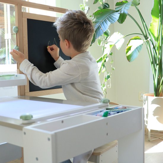 Table de dessin et de bricolage Sunny Olivia – Table de dessin et de bricolage en bois pour enfants – Livrée avec une chaise, un tableau blanc, un rouleau de papier et un espace de rangement – Meuble de jeu créatif