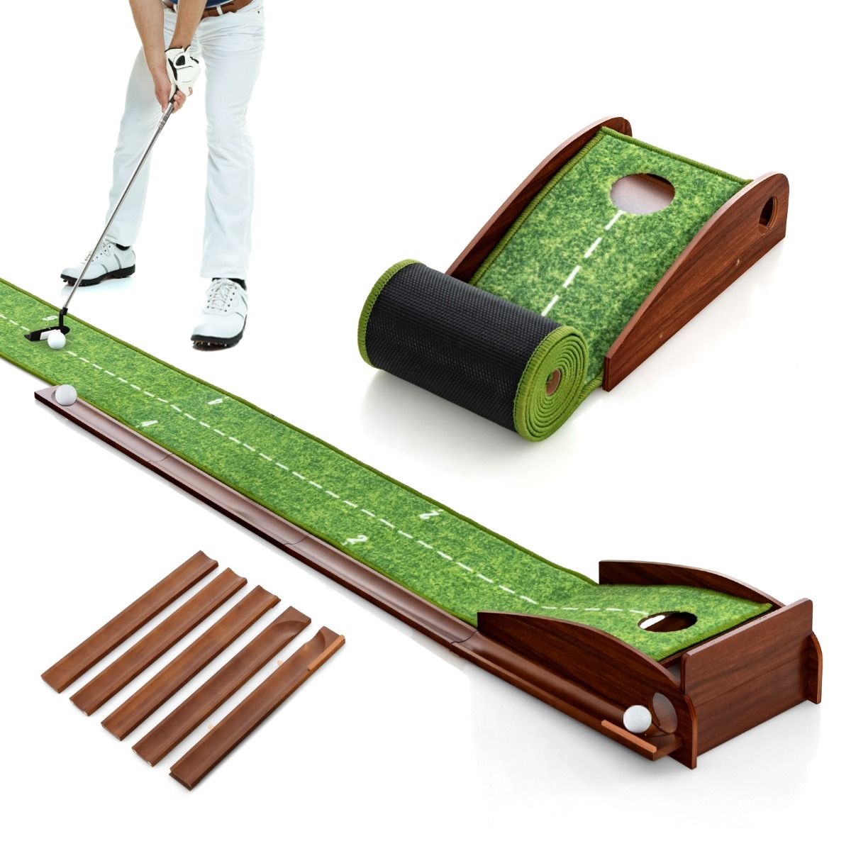Coast Golf Practice Mat - Retour automatique de la balle - 3 balles de golf incluses - 277 x 29 x 15 cm
