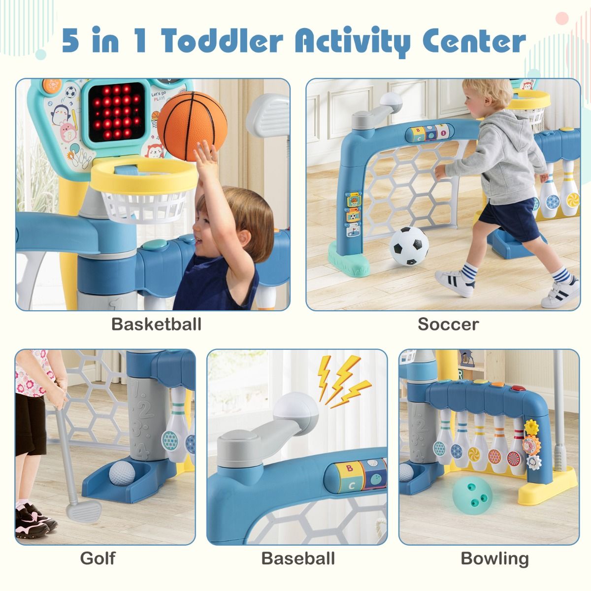 Jouet sportif 5-en-1 Coast pour tout-petits - panier de basket, cage de foot, golf, bowling, baseball - multicolore