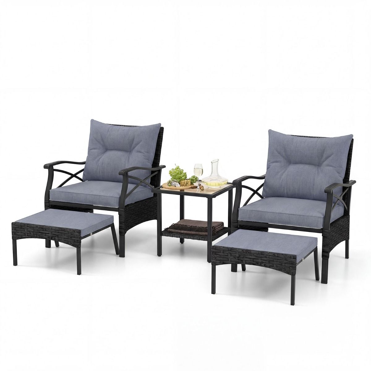 Ensemble de mobilier de jardin Coast 5 pièces - chaises en rotin avec repose-pieds - coussins et table basse - marron mélangé