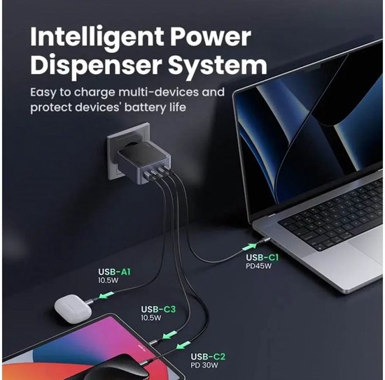 Ugreen Nexode S 100 W, chargeur rapide GaN à 4 ports, version UE, gris – Ordinateur portable, téléphone portable, ordinateur portable, batterie externe, tablette – Gris, alimentation CA, pour usage intérieur