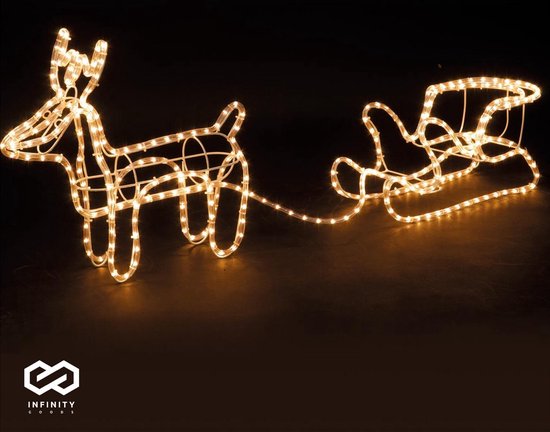 Infinity Goods Renne avec traîneau - Lumières de Noël - Figure LED d'intérieur et d'extérieur - Décorations de Noël - Guirlande lumineuse 3D - Noël - Blanc chaud