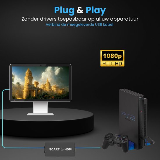 Adaptateur SCART vers HDMI - Convertisseur - Câble SCART et câble HDMI - Adaptateur vidéo - Convertisseur SCART vers HDMI - Plug & Play - Full HD 1080p