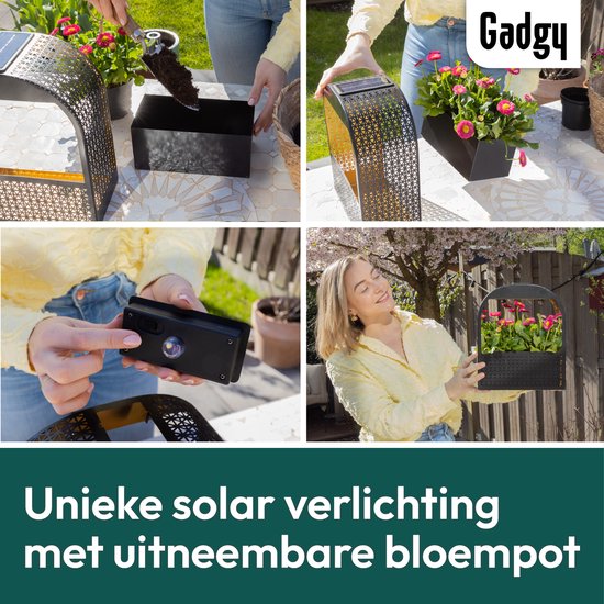Lampe murale solaire Gadgy avec jardinière amovible – Éclairage de jardin à énergie solaire – LED blanc chaud – 30 x 25 cm – Métal noir