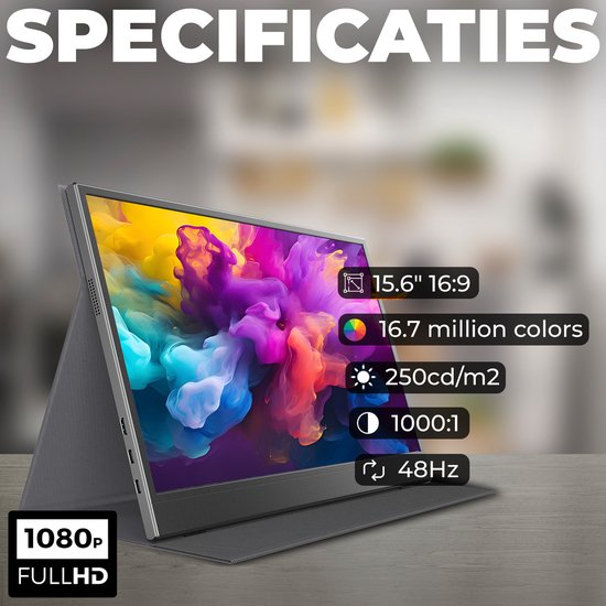 Écran portable Denver - Full HD - 15,6 pouces - Écran portable - Housse en cuir - HDMI - USB-C - PMO15604