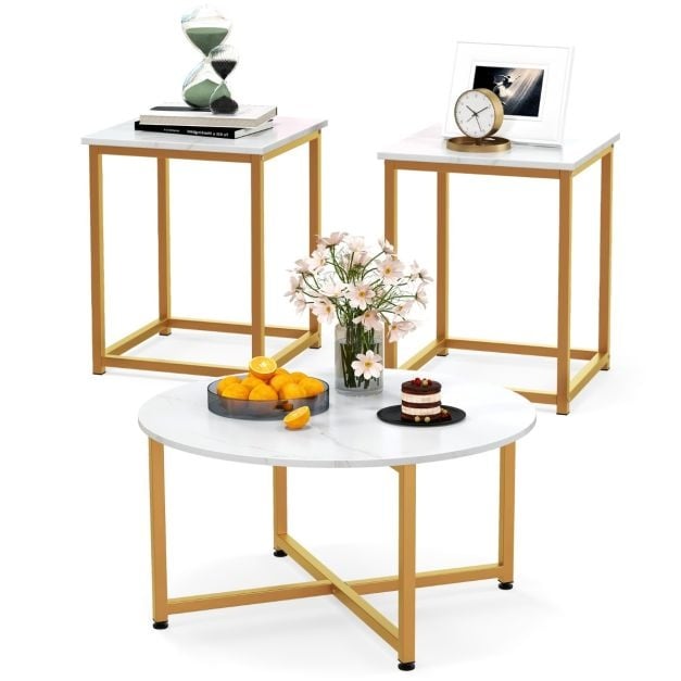 Coast 3-Piece Coffee Table Set - White/Gold - Round 80x42cm - Square 40x40x50cm