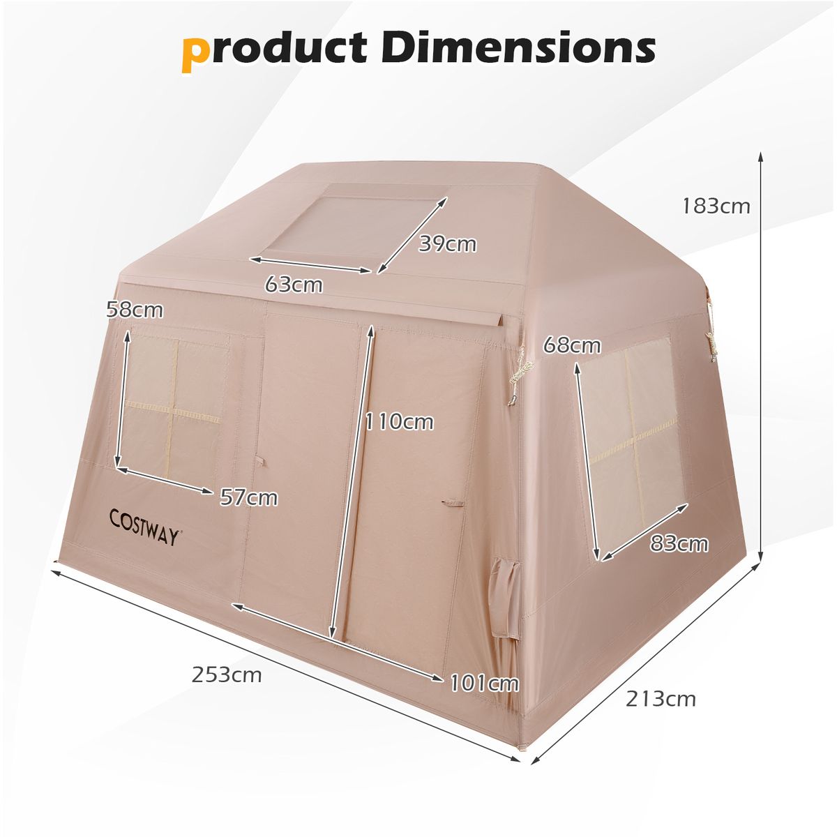 Tente de camping gonflable Coast - pour 4 à 6 personnes - montage rapide - kaki 253 x 213 x 183 cm