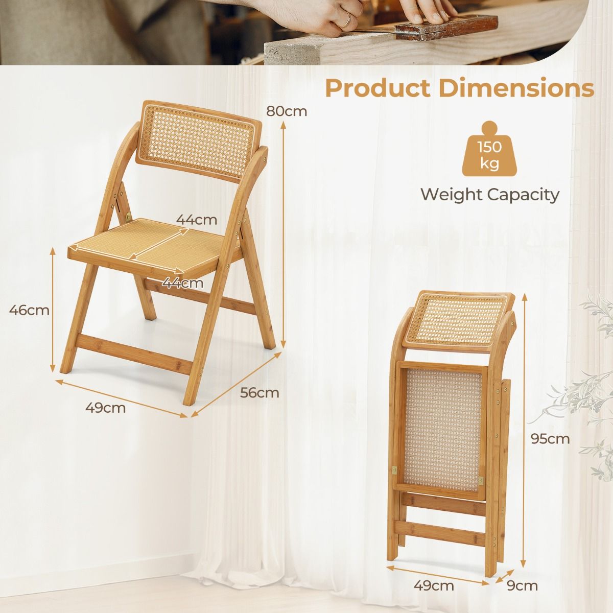 Lot de 2 chaises pliantes en rotin « Coast » - Dossier pivotant à 360° - Pliables - Couleur naturelle