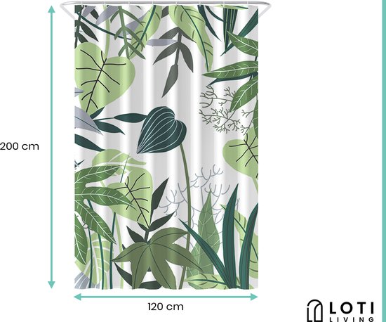 Loti Living Rideau de douche anti-moisissure - Jungle - Anneaux inclus - Imperméable - Polyester - Rideau de douche 120x200 cm
