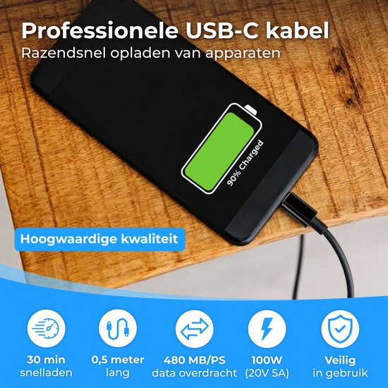 Câble USB-C Nuvance - 100 W - USB-C vers USB-C - 0,5 mètre - Câbles USB-C - Chargeur rapide - Transfert de données à 480 Mb/ps - Chargeur USB-C - Noir