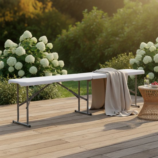 Banc de brasserie pliable AXI Elba – Blanc – 183 cm – Pliable – Avec poignées – Idéal pour les déplacements – Structure en acier et plastique HDPE – Jusqu'à 320 kg – Portable et peu encombrant