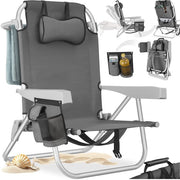 tectake® Beach Chair Coral - Chaise de camping pliable avec sac isotherme et sac de rangement - Dossier réglable en 5 directions avec coussin de tête - Accoudoirs larges avec porte-gobelet / porte-téléphone - Chaise de camping pliable - Gris