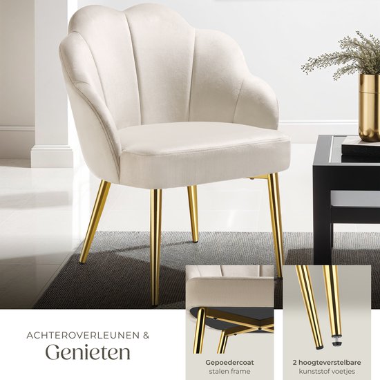 tectake® Chaise cocktail - Revêtement en velours - Rembourrage souple - Dossier incurvé - Pieds en acier revêtus de poudre - Crème/Dorée