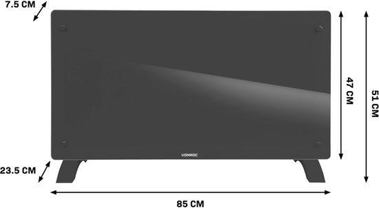 VONROC Chauffage électrique de luxe - Convecteur avec panneau en verre - 1250W/2500W- Chauffe les pièces jusqu'à 30m2 - Contrôlé par l'application (via Wifi) et manuellement - Thermostat et minuterie réglables - Gris